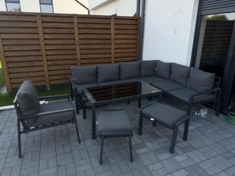 Komplet ogrodowy metalowy z narożnikiem, fotelem i pufami - Sodor Corner XL - Dark Grey