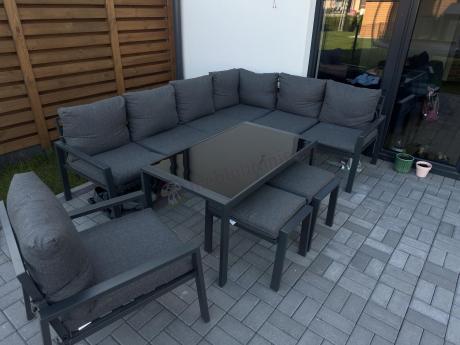 Komplet ogrodowy metalowy z narożnikiem, fotelem i pufami - Sodor Corner XL - Dark Grey