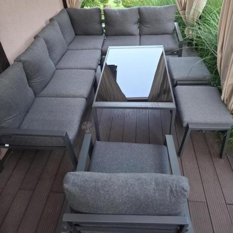 Komplet ogrodowy metalowy z narożnikiem, fotelem i pufami - Sodor Corner XL - Dark Grey