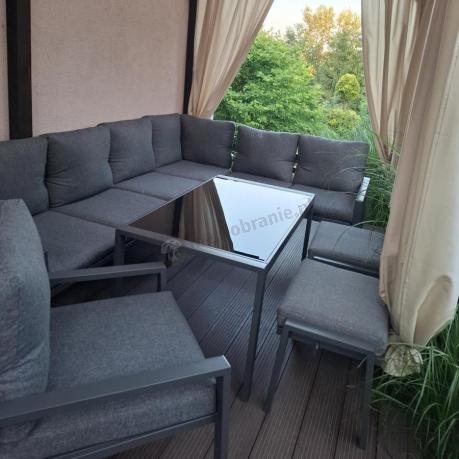 Komplet ogrodowy metalowy z narożnikiem, fotelem i pufami - Sodor Corner XL - Dark Grey