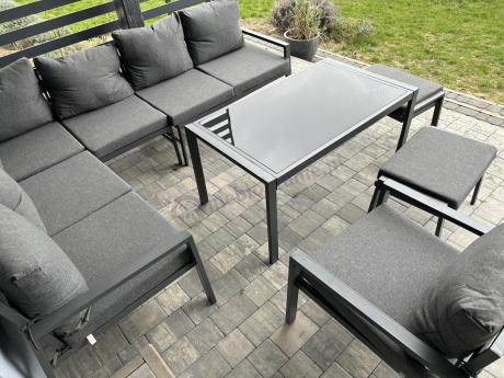 Komplet ogrodowy metalowy z narożnikiem, fotelem i pufami - Sodor Corner XL - Dark Grey