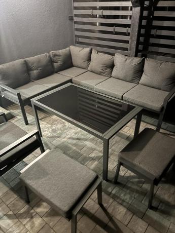 Komplet ogrodowy metalowy z narożnikiem, fotelem i pufami - Sodor Corner XL - Dark Grey