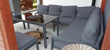 Komplet ogrodowy metalowy z narożnikiem, fotelem i pufami - Sodor Corner XL - Dark Grey