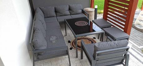 Komplet ogrodowy metalowy z narożnikiem, fotelem i pufami - Sodor Corner XL - Dark Grey