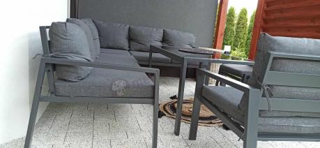 Komplet ogrodowy metalowy z narożnikiem, fotelem i pufami - Sodor Corner XL - Dark Grey