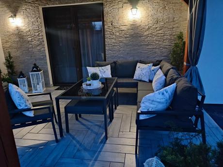 Komplet ogrodowy metalowy z narożnikiem, fotelem i pufami - Sodor Corner XL - Dark Grey