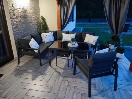 Komplet ogrodowy metalowy z narożnikiem, fotelem i pufami - Sodor Corner XL - Dark Grey