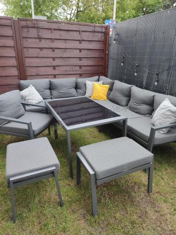 Komplet ogrodowy metalowy z narożnikiem, fotelem i pufami - Sodor Corner XL - Dark Grey