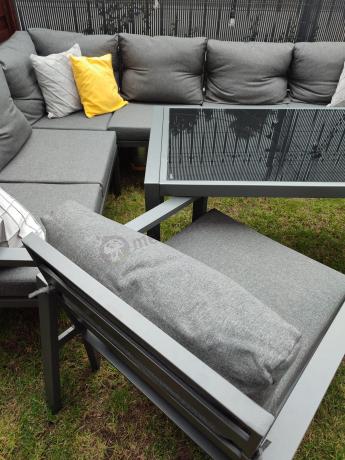 Komplet ogrodowy metalowy z narożnikiem, fotelem i pufami - Sodor Corner XL - Dark Grey