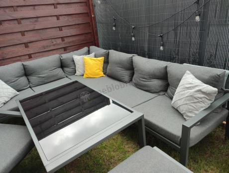 Komplet ogrodowy metalowy z narożnikiem, fotelem i pufami - Sodor Corner XL - Dark Grey