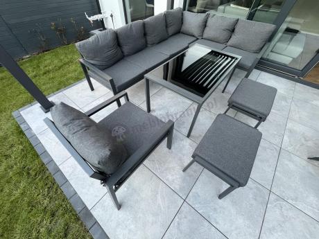 Komplet ogrodowy metalowy z narożnikiem, fotelem i pufami - Sodor Corner XL - Dark Grey