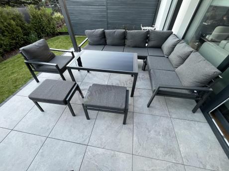 Komplet ogrodowy metalowy z narożnikiem, fotelem i pufami - Sodor Corner XL - Dark Grey