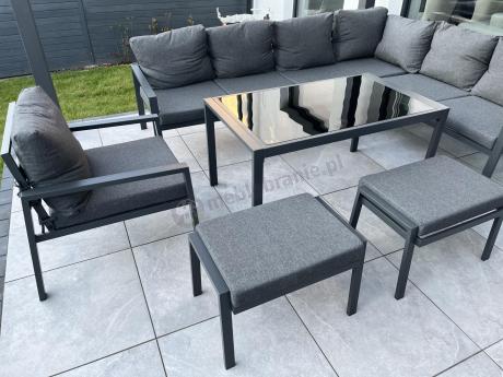 Komplet ogrodowy metalowy z narożnikiem, fotelem i pufami - Sodor Corner XL - Dark Grey