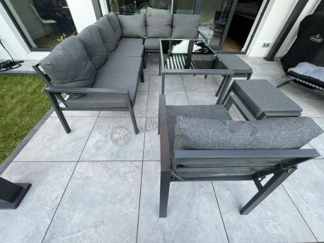 Komplet ogrodowy metalowy z narożnikiem, fotelem i pufami - Sodor Corner XL - Dark Grey