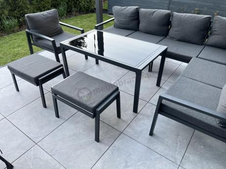 Komplet ogrodowy metalowy z narożnikiem, fotelem i pufami - Sodor Corner XL - Dark Grey