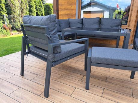 Komplet ogrodowy metalowy z narożnikiem, fotelem i pufami - Sodor Corner XL - Dark Grey