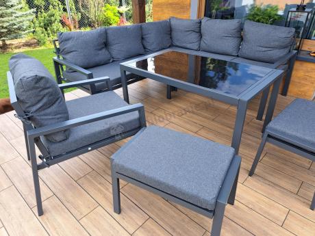 Komplet ogrodowy metalowy z narożnikiem, fotelem i pufami - Sodor Corner XL - Dark Grey