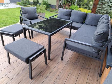 Komplet ogrodowy metalowy z narożnikiem, fotelem i pufami - Sodor Corner XL - Dark Grey