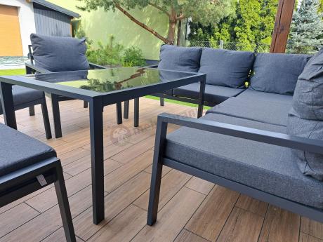 Komplet ogrodowy metalowy z narożnikiem, fotelem i pufami - Sodor Corner XL - Dark Grey