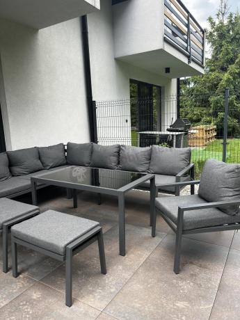 Komplet ogrodowy metalowy z narożnikiem, fotelem i pufami - Sodor Corner XL - Dark Grey