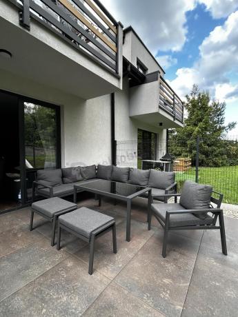 Komplet ogrodowy metalowy z narożnikiem, fotelem i pufami - Sodor Corner XL - Dark Grey