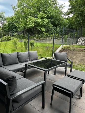 Komplet ogrodowy metalowy z narożnikiem, fotelem i pufami - Sodor Corner XL - Dark Grey