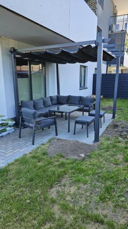 Komplet ogrodowy metalowy z narożnikiem, fotelem i pufami - Sodor Corner XL - Dark Grey