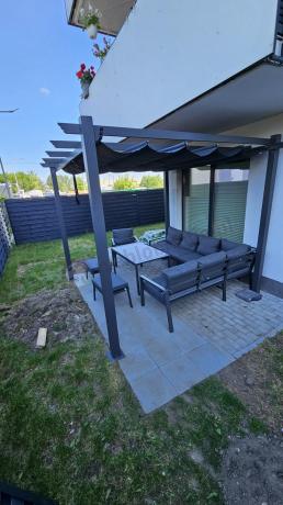 Komplet ogrodowy metalowy z narożnikiem, fotelem i pufami - Sodor Corner XL - Dark Grey