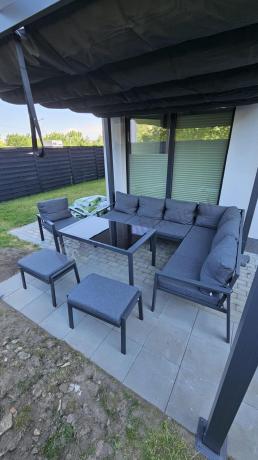 Komplet ogrodowy metalowy z narożnikiem, fotelem i pufami - Sodor Corner XL - Dark Grey