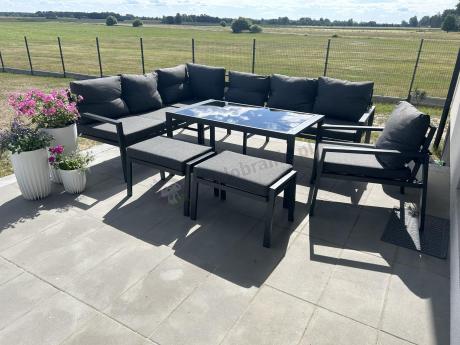 Komplet ogrodowy metalowy z narożnikiem, fotelem i pufami - Sodor Corner XL - Dark Grey