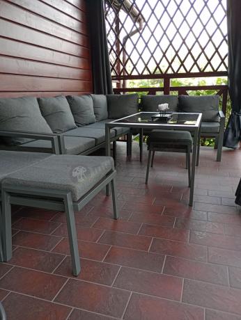 Komplet ogrodowy metalowy z narożnikiem, fotelem i pufami - Sodor Corner XL - Dark Grey