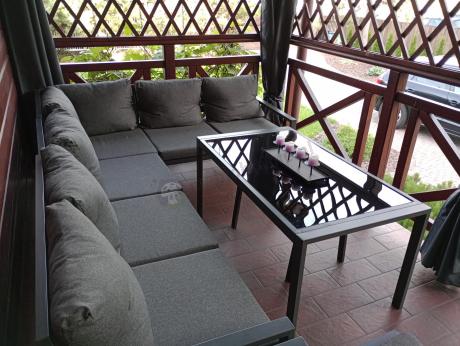 Komplet ogrodowy metalowy z narożnikiem, fotelem i pufami - Sodor Corner XL - Dark Grey