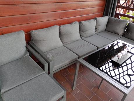 Komplet ogrodowy metalowy z narożnikiem, fotelem i pufami - Sodor Corner XL - Dark Grey