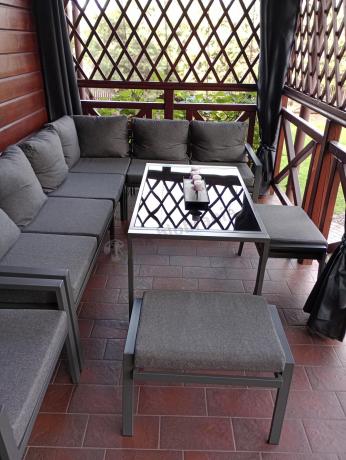 Komplet ogrodowy metalowy z narożnikiem, fotelem i pufami - Sodor Corner XL - Dark Grey