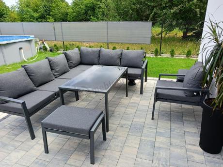 Komplet ogrodowy metalowy z narożnikiem, fotelem i pufami - Sodor Corner XL - Dark Grey