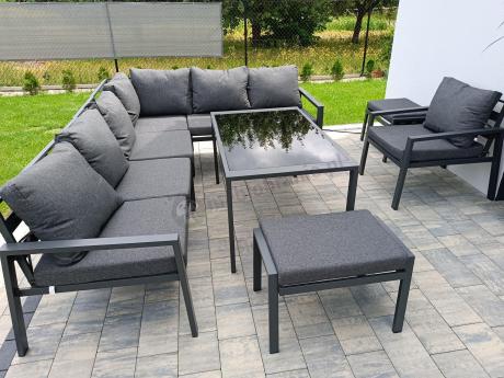 Komplet ogrodowy metalowy z narożnikiem, fotelem i pufami - Sodor Corner XL - Dark Grey