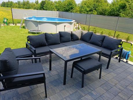 Komplet ogrodowy metalowy z narożnikiem, fotelem i pufami - Sodor Corner XL - Dark Grey