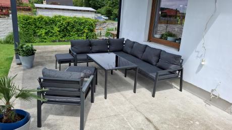 Komplet ogrodowy metalowy z narożnikiem, fotelem i pufami - Sodor Corner XL - Dark Grey