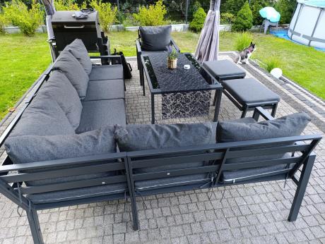 Komplet ogrodowy metalowy z narożnikiem, fotelem i pufami - Sodor Corner XL - Dark Grey
