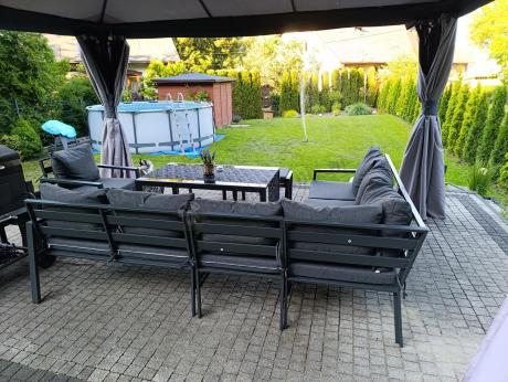 Komplet ogrodowy metalowy z narożnikiem, fotelem i pufami - Sodor Corner XL - Dark Grey