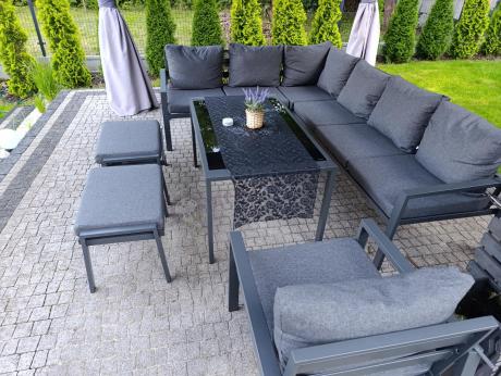 Komplet ogrodowy metalowy z narożnikiem, fotelem i pufami - Sodor Corner XL - Dark Grey