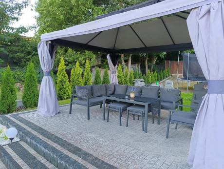 Komplet ogrodowy metalowy z narożnikiem, fotelem i pufami - Sodor Corner XL - Dark Grey