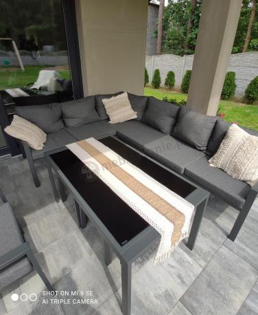 Komplet ogrodowy metalowy z narożnikiem, fotelem i pufami - Sodor Corner XL - Dark Grey