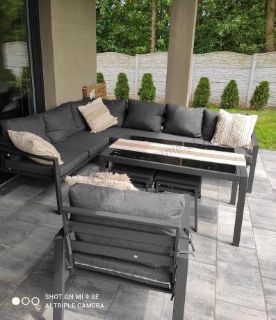 Komplet ogrodowy metalowy z narożnikiem, fotelem i pufami - Sodor Corner XL - Dark Grey
