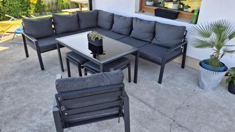 Komplet ogrodowy metalowy z narożnikiem, fotelem i pufami - Sodor Corner XL - Dark Grey
