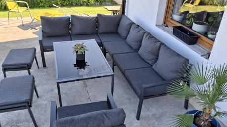Komplet ogrodowy metalowy z narożnikiem, fotelem i pufami - Sodor Corner XL - Dark Grey
