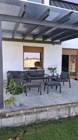 Komplet ogrodowy metalowy z narożnikiem, fotelem i pufami - Sodor Corner XL - Dark Grey