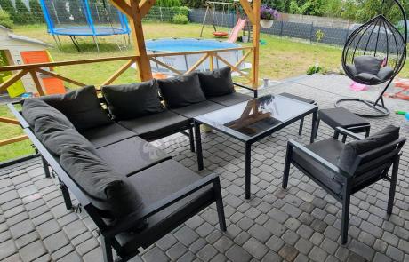 Komplet ogrodowy metalowy z narożnikiem, fotelem i pufami - Sodor Corner XL - Dark Grey