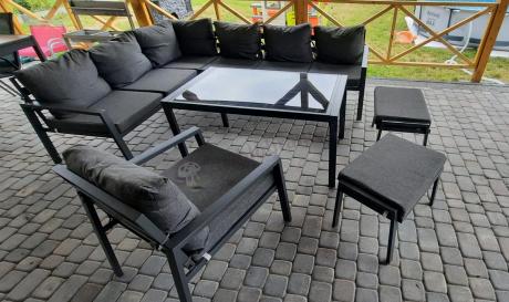 Komplet ogrodowy metalowy z narożnikiem, fotelem i pufami - Sodor Corner XL - Dark Grey