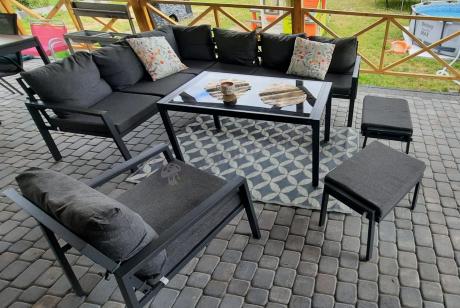 Komplet ogrodowy metalowy z narożnikiem, fotelem i pufami - Sodor Corner XL - Dark Grey